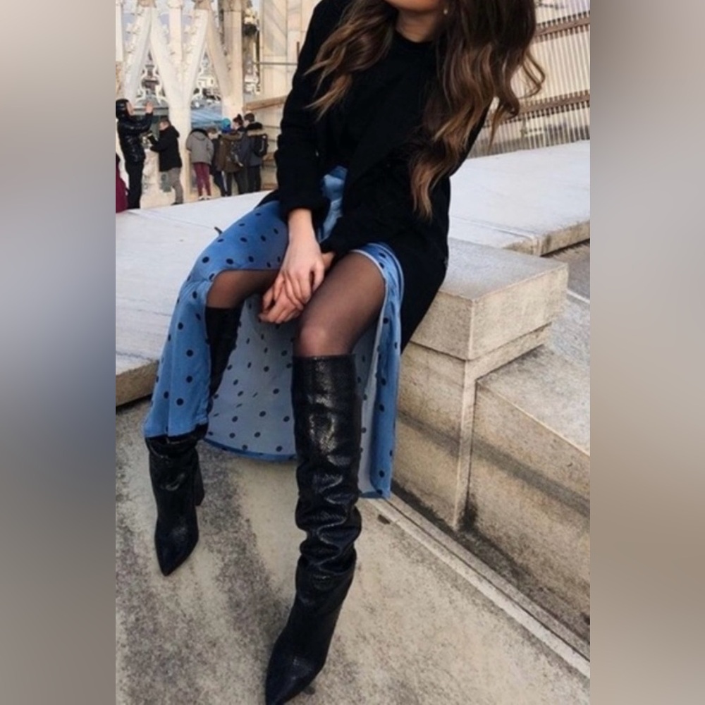 Zara Black Textured Knee-High Block Heel Boots - Picture 2 of 16